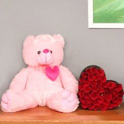 Cuteness Redefined - Combo of 22-inches pink teddy bear and heart shape bouquet of 35 red roses
